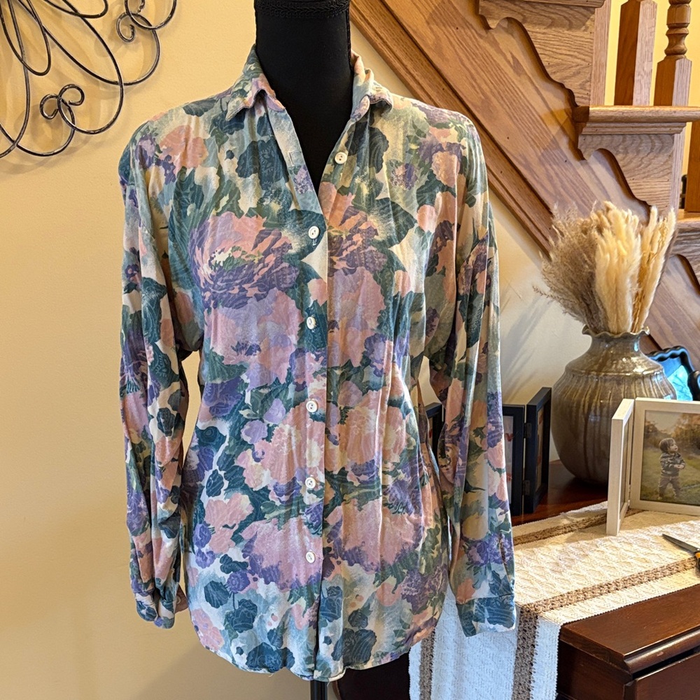 Floral Button-Front Blouse - Pink & Green